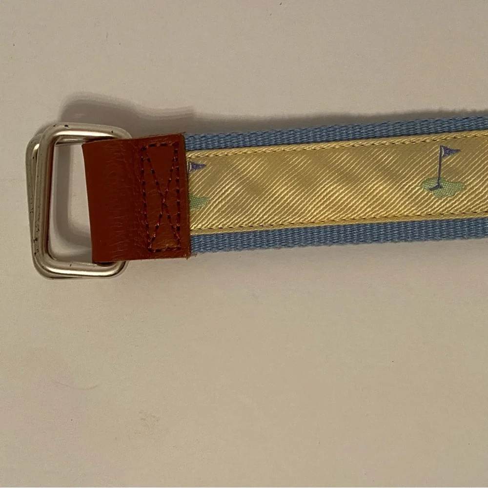 J. McLAUGHLIN BELT GOLF FLAG BLUE WEBBING YELLOW RIBBON BROWN LEATHER SIZE S USA
